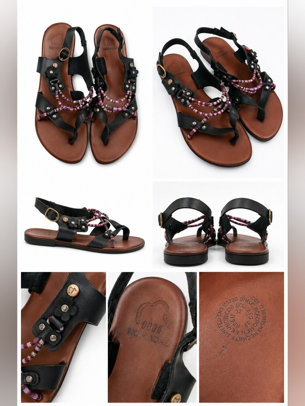 NOMADA Women's Leather Gladiator Sandals Size 7 Black Boho Colorful Strap